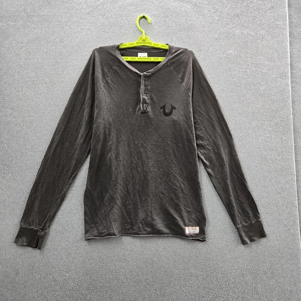 True Religion‎ Men Shirt XL Gray Guitar Buddha Henley Grunge Button Long Sleeve